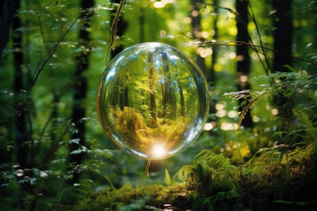 the reflection of a dense forest in a soap bubbleの素材