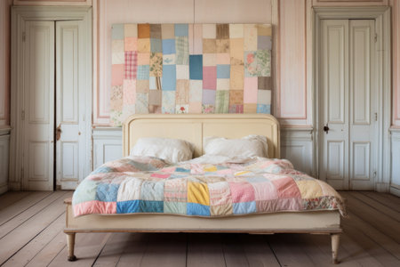 a vintage wooden bed with a pastel-colored patchwork quiltの素材