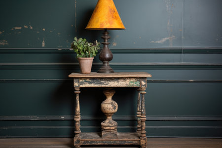 a chippy painted side table with an antique lampの素材
