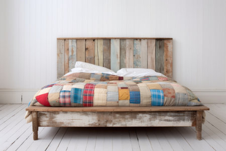 weathered wooden bed frame with a patchwork quilt in a whitewashed roomの素材