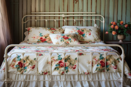 a vintage metal bed frame with a floral bedspread and ruffled pillowsの素材