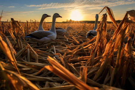 shadow of a flock of geese on a sunlit wheat fieldの素材