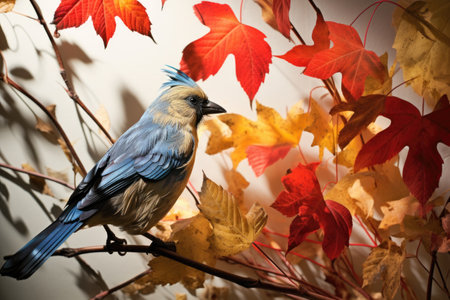 bird shadows projected on colorful autumn leavesの素材