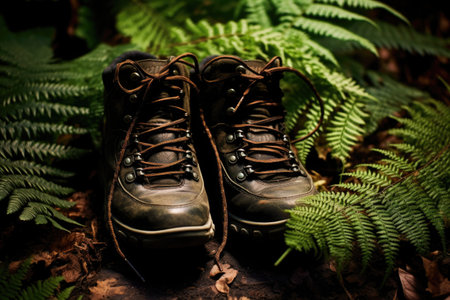 hiking boots with ferns on a forest floorの素材