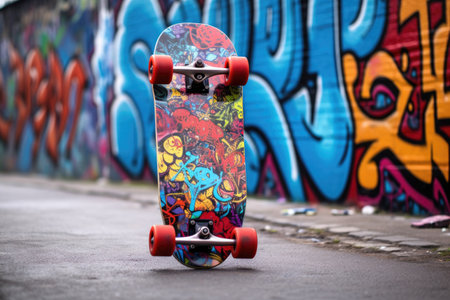 close-up of a skateboard on a graffiti wall backgroundの素材