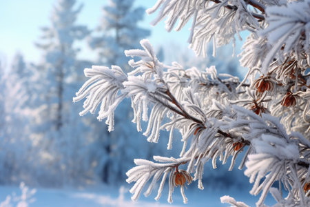 pine branches heavy with fresh snow, with frost in the foregroundの素材
