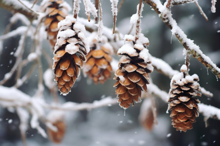 snow-covered pine tree cones hanging from branchesの素材