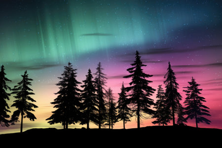 pine tree silhouettes against an aurora borealis skyの素材