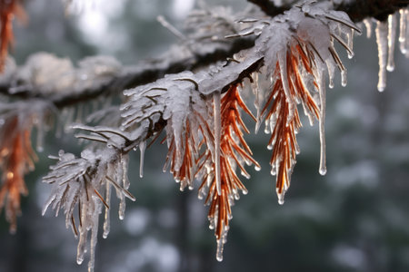 icicles hanging from a snow-laden pine tree branchの素材