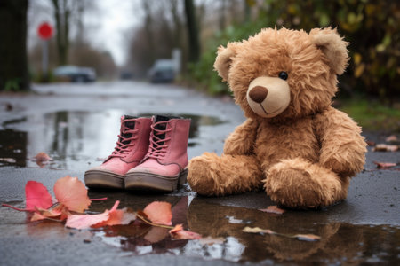 childs boots next to a teddy bear in a puddleの素材