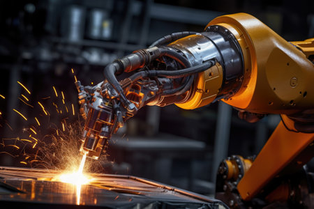 close-up of a robotic arm performing spot welding on a metal frameの素材