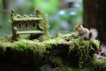 a squirrel grooming on an old, moss-covered bench in the forestの素材