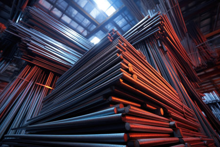 close-up of steel bars stacked in a warehouseの素材