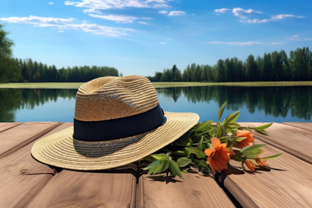 a summer hat and sunglasses on a wooden jetty with a lake in the backgroundの素材