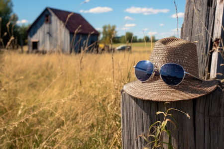round sunglasses and a cowboy hat on a wooden fence in a rural landscapeの素材