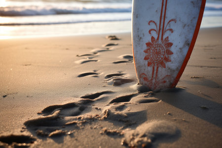 close-up of a surfboard on the beach with footprintsの素材