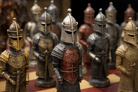 chess pieces transforming into real medieval knights on a vintage boardの素材