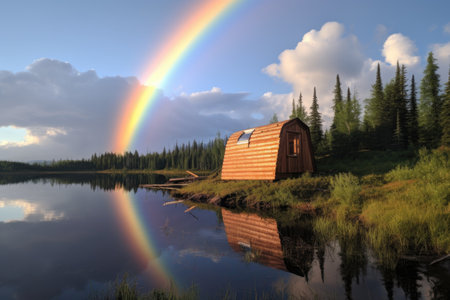 a wooden cabin floating in the sky, with a rainbow arching behind itの素材