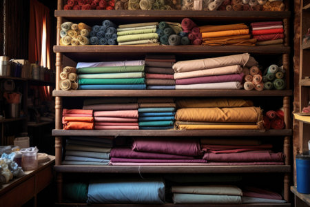 rolls of various fabrics stacked on a shelf in a tailor shopの素材