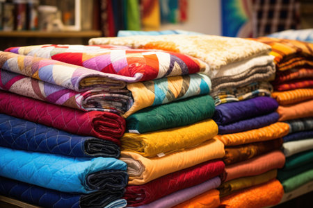 a pile of colorful, handmade quilts in a textile shopの素材