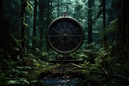 a compass superimposed on an image of a dense forestの素材