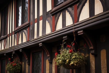 a close-up of the detailed wooden trim on a tudor house exteriorの素材