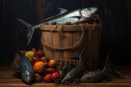 a rustic wooden bucket filled with tuna fish, surrounded by fishing netsの素材