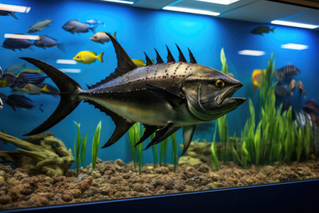 tuna fish surrounding a treasure decoration in an office aquariumの素材
