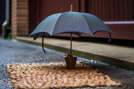 a small umbrella folded on a textured, coir doormatの素材