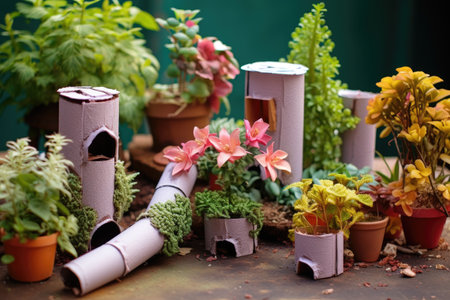 a miniature garden with toilet paper roll plantersの素材