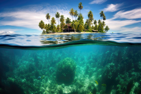 a tropical island inverted in the clear blue ocean waterの素材