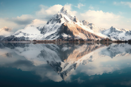 an inverted shot of a snow-capped mountain range mirrored in a lakeの素材