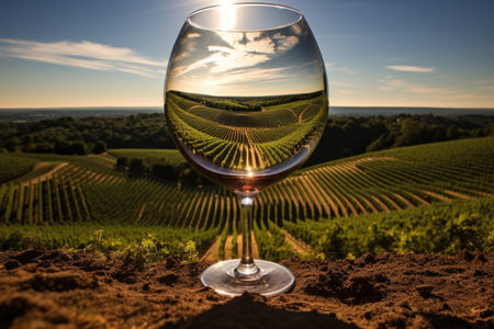 upside-down image of a rolling vineyard reflected in a wine glassの素材