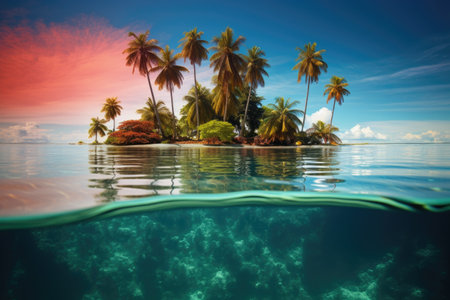 a flipped tropical island with palm trees reflecting in the clear seaの素材