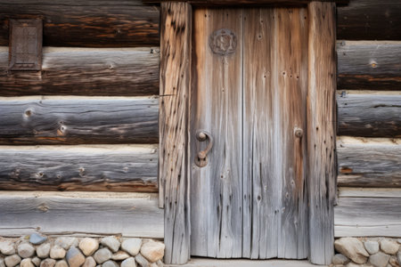 close-up of a log cabins rustic wooden door with a metal handleの素材