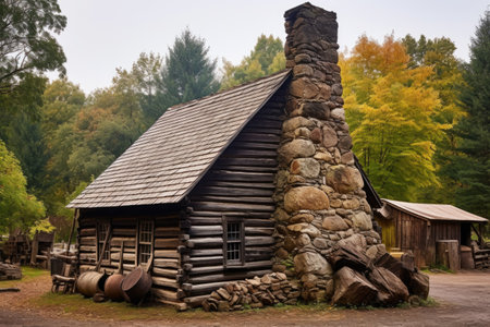 rustic log cabin with a stone chimney, firewood stacked at the sideの素材