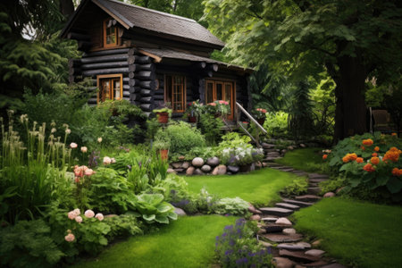 a log cabin with a green, lush garden in the foregroundの素材
