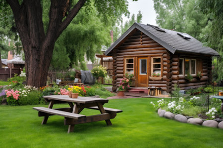 a log cabin with wooden picnic table in the front yardの素材