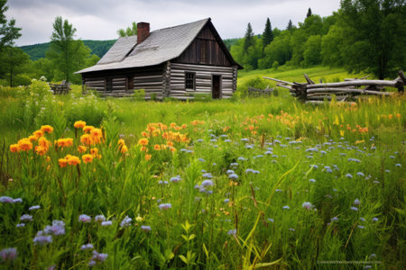 log cabin surrounded by wildflower meadow in springの素材