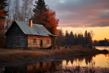 log cabin at sunset, soft light falling on its facadeの素材