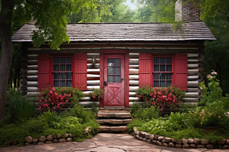 log cabin with a red door and window shuttersの素材