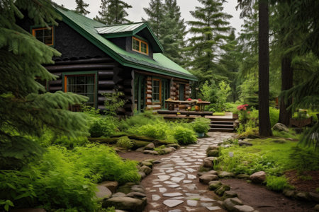 a log cabin nestled among green pines with a gravel pathwayの素材