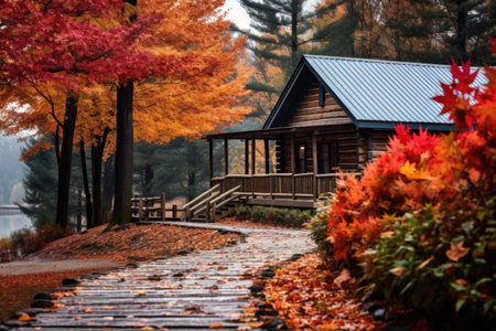 log cabin with colorful autumn trees in the backgroundの素材