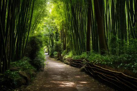 dense bamboo grove with a narrow dirt path winding throughの素材