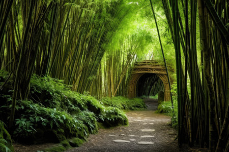 a pathway winding through a dense bamboo groveの素材