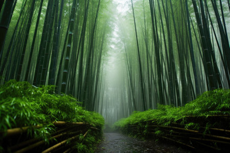 wide-angle shot of the bamboo forest in foggy weatherの素材