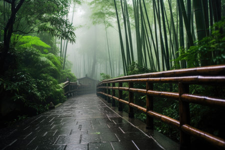 wide-angle shot of the bamboo forest in foggy weatherの素材