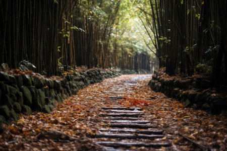bamboo forest path covered in fallen leavesの素材