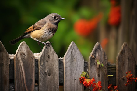 redstart bird perched on a garden fenceの素材