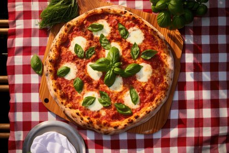 overhead shot of a whole margherita pizza on a checkered tableclothの素材